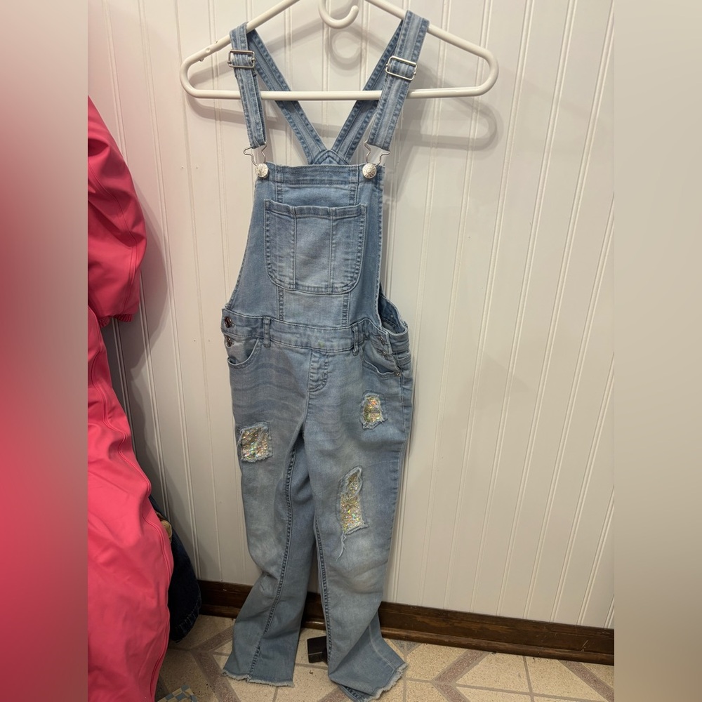 Justice Girls 10 Light Wash Overalls Denim Jeans Flip Sequin White Silver Patch